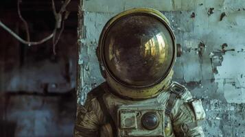 A lone astronaut stands in a dilapidated, abandoned building, wearing a dirty, yellow space suit with a large, round visor, surrounded by a weathered, peeling wall and a concrete floor. photo