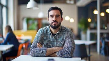 A man with a beard sitting at a table in a cafe with a laptop on the table. photo