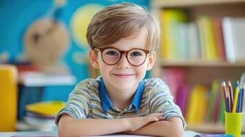 A young boy wearing glasses sits at a desk in a classroom, with a colorful array of books and a cup of pencils in the foreground. photo