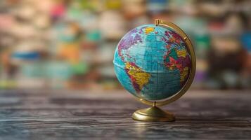 A small globe with a blue and green color scheme, placed on a wooden table with a blurred background of a wall covered in posters. photo