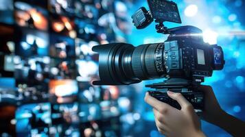 A person holding a camera with a large lens, capturing a blurred image of a television screen with multiple screens in the background. photo