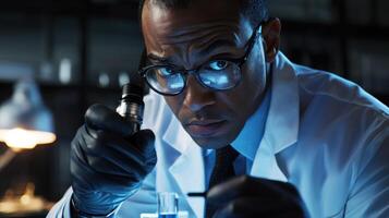A male scientist in a lab coat and gloves, holding a microscope, examining a sample in a laboratory setting. photo
