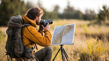 A man in a yellow jacket taking a photograph of a map in a field. photo