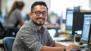 A smiling man in a casual office setting, wearing glasses, sitting at a desk with a computer, surrounded by office furniture and other employees in the background. photo