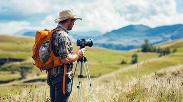 A man in a hat and sunglasses, holding a camera and tripod, standing in a grassy field with mountains in the background. photo
