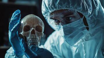 A forensic scientist in protective gear examining a human skull in a laboratory setting. photo