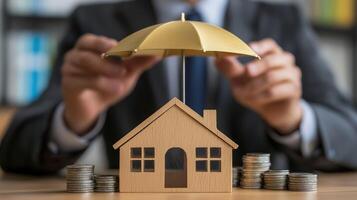 A man in a suit holding a wooden house model with a golden umbrella over it, placed on a wooden table with a stack of coins in the foreground. photo