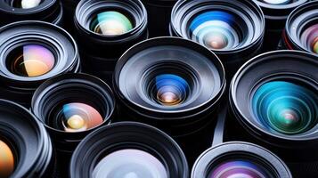 A collection of camera lenses arranged in a grid pattern on a black background. photo