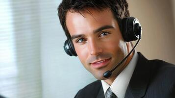 A man wearing a suit and tie, smiling and wearing a headset, with a window in the background. photo