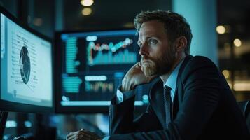 A man in a suit, seated at a desk with multiple computer monitors displaying financial data and charts. photo