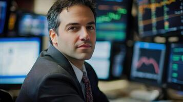 A man in a suit and tie, sitting in front of a computer with multiple screens displaying financial charts and data. photo