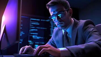 A man wearing a suit and glasses, sitting at a desk with a computer in a dimly lit office environment, with a computer monitor displaying code and data in the background. photo