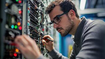 A man in a server room, wearing glasses, working on a server with a screwdriver, surrounded by servers and cables. photo