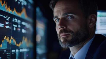 A man in a suit, looking at a computer screen with financial data, in a dimly lit office with multiple computer monitors in the background. photo