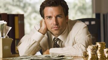 A man in a suit and tie, sitting at a desk with a stack of money and a stack of coins in front of him. photo