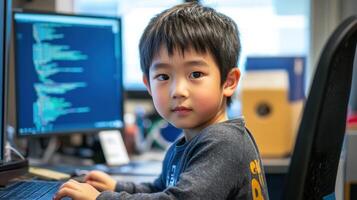 A young boy sitting at a desk with a computer, wearing a gray shirt with a yellow design, looking at the camera with a serious expression. photo