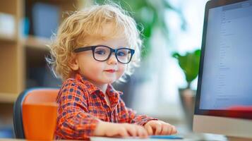 A young child wearing glasses, sitting at a desk with a computer monitor in front of them, typing on a keyboard. photo