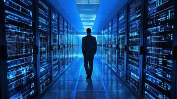 A man in a suit walking down a hallway with server racks in a data center. photo