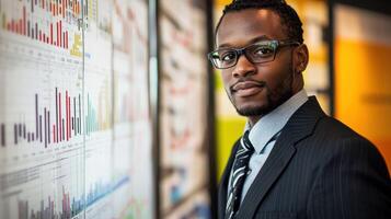 A man in a suit standing in front of a large display board with financial charts and graphs. photo