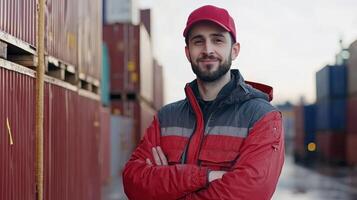 A man in a red and black jacket and cap standing in front of a stack of red shipping containers. photo