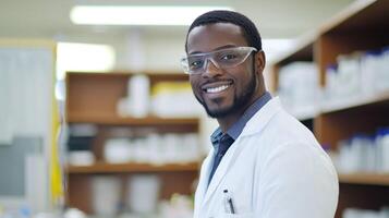A young man in a lab coat standing in a laboratory with shelves of bottles in the background. photo