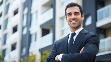 A smiling man in a suit standing in front of a modern building with balconies. photo