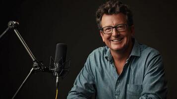 A man wearing glasses and a blue shirt, smiling and sitting in front of a microphone with a black background. photo