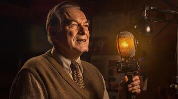 An older man with a mustache, wearing a brown vest and a tie, holding a microphone in a dimly lit room with a vintage camera on a table in the background. photo