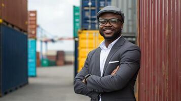 A smiling man in a suit standing in front of a row of cargo containers, with a blue sky in the background. photo