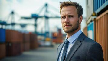 A man in a suit standing in front of a shipping container with cranes in the background. photo