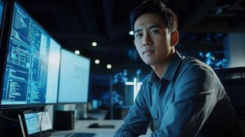 A young man in a dark office with multiple computer monitors and a laptop, wearing a blue shirt, looking at the camera with a serious expression. photo