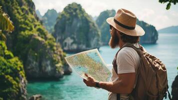 A man wearing a hat and backpack, standing in front of a scenic view of a mountainous coastline with a map in his hand. photo