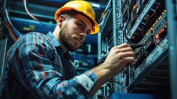 A man in a hard hat working on a server in a data center. photo