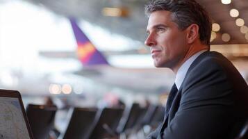 A man in a suit sitting at an airport terminal, looking out the window with a plane in the background. photo