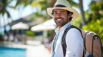 A man in a white shirt and hat, carrying a backpack, standing in front of a pool with palm trees in the background. photo