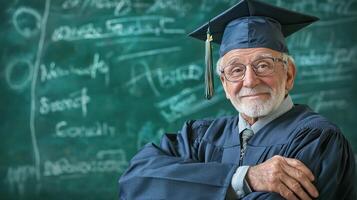 An elderly man in a graduation cap and gown standing in front of a chalkboard with mathematical equations written on it. photo