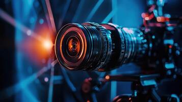 A professional camera with a lens in focus, capturing a bright, colorful, and dynamic scene with vibrant lights and a blurred background. photo