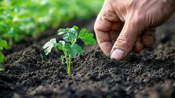A hand planting a seedling in rich, dark soil with a blurred green background. photo