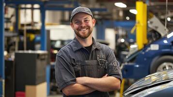 A smiling man in a uniform standing in a workshop with a car in the background. photo