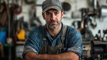 A man in a blue shirt and cap, standing in a workshop with tools and machinery, looking at the camera with a serious expression. photo