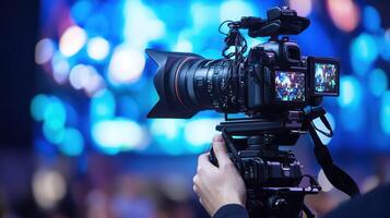 A professional photographer holding a camera with a blurred background of a colorful stage setup. photo
