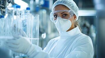 A female scientist wearing a white lab coat and protective gear, examining test tubes in a laboratory setting. photo