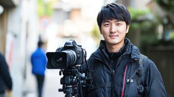 A man in a black jacket holding a camera, standing in front of a blurred background with greenery. photo