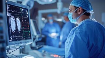 A surgeon in a blue surgical cap and mask stands in front of a computer monitor displaying a brain scan image in an operating room. photo
