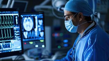 A surgeon in a blue surgical cap and mask, working in an operating room with a computer monitor displaying medical images. photo