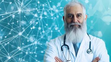 An elderly man with a beard, wearing a white coat and stethoscope, standing in front of a blue and white abstract background with a network of connections. photo