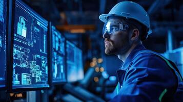 A man in a hard hat and safety glasses, seated at a computer in a dark, industrial setting, surrounded by multiple computer monitors displaying technical diagrams and data. photo