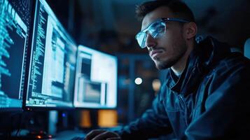 A man wearing protective eyewear, sitting at a computer in a dark, dimly lit room, surrounded by multiple computer monitors displaying code and data. photo