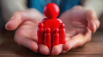 A red wooden figure of a person holding a red wooden figure of a family, with hands open and palms facing upwards, set against a wooden table with a dark brown background. photo