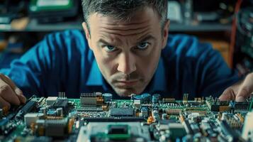 A man in a blue shirt is working on a computer circuit board in a cluttered workspace. photo
